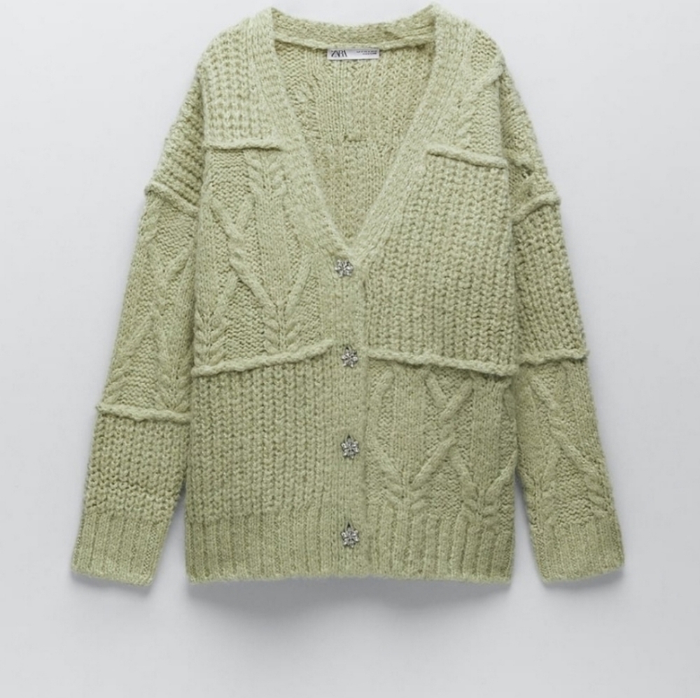 NWT ZARA Green Jewel Button Patchwork Cardigan Wool Blend Bloggers Favorite